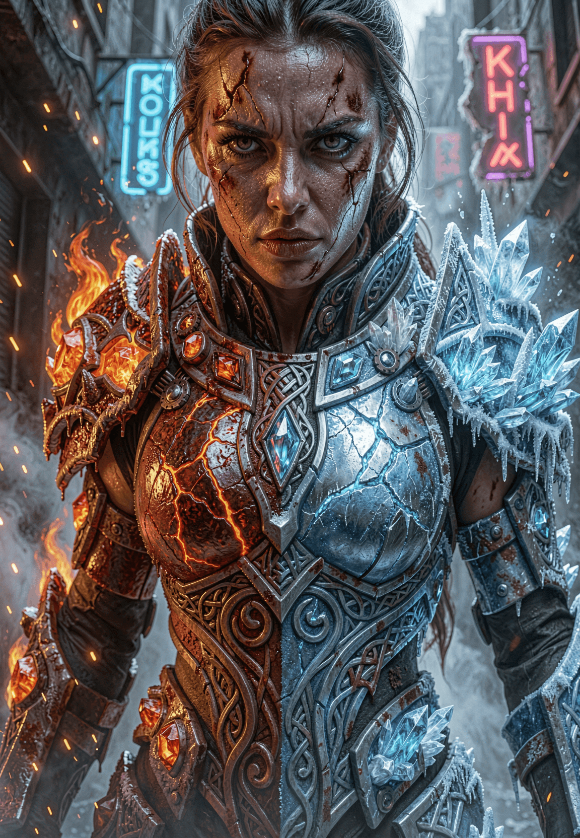 AI generated: A formidable female warrior with intense eyes and weathered yet powerful features, clad in layered d...