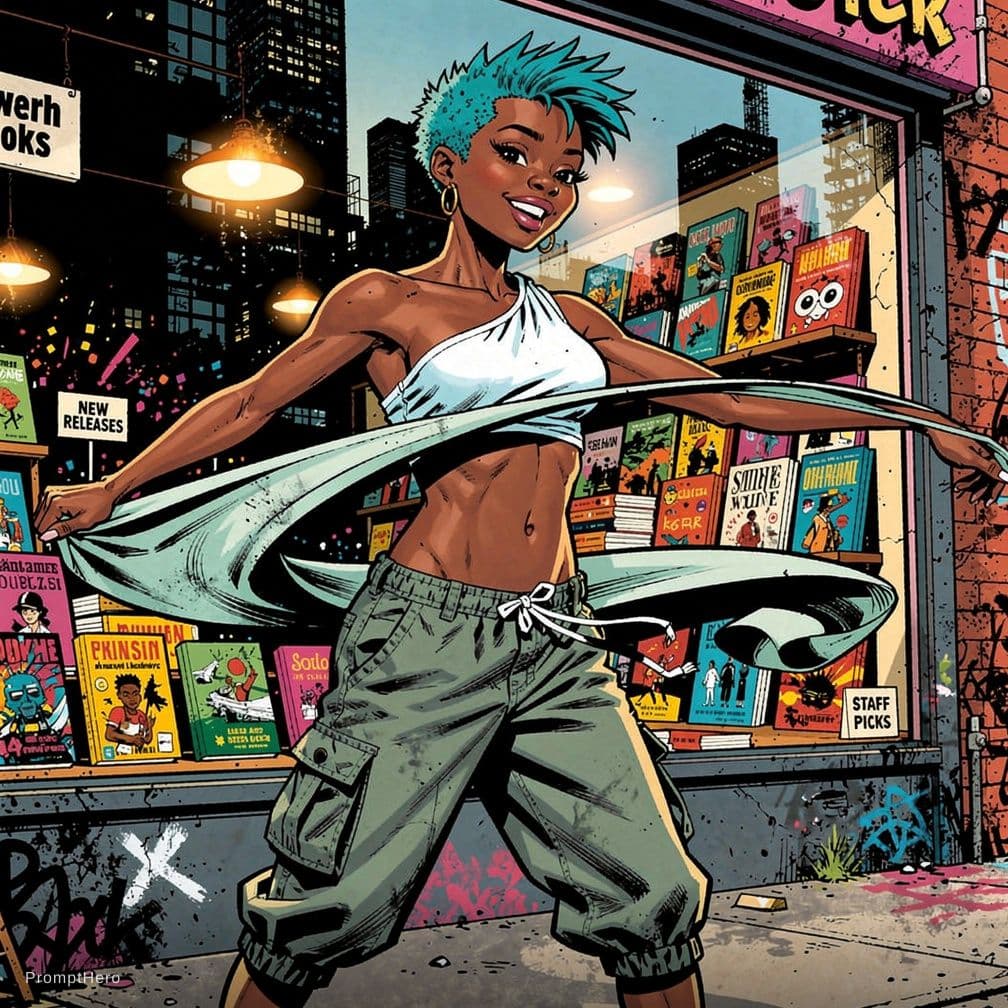 AI generated: Akan-Chokwe female playful dancer 24-year-old with short spiky cerulean hair, asymmetric crop top, c...