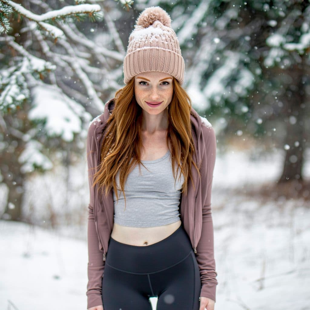 AI generated: A woman stands in the midst of a winter wonderland, her long wavy auburn hair framing her face as sh...
