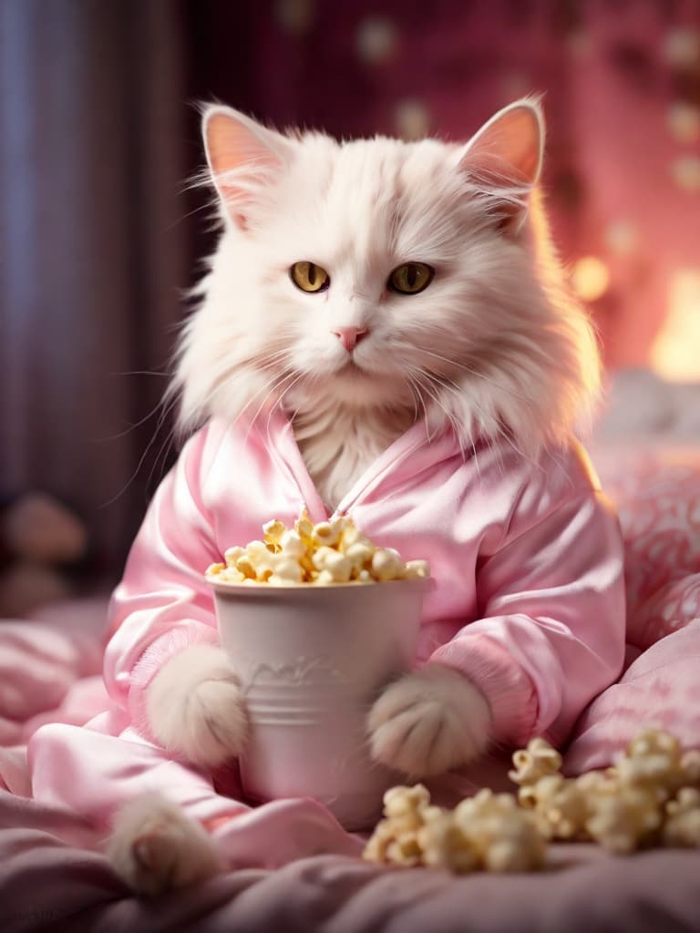 AI generated: cat female dressed pink pijamas eating popcorn in the bed and watching tv. realistic, higly detailed...