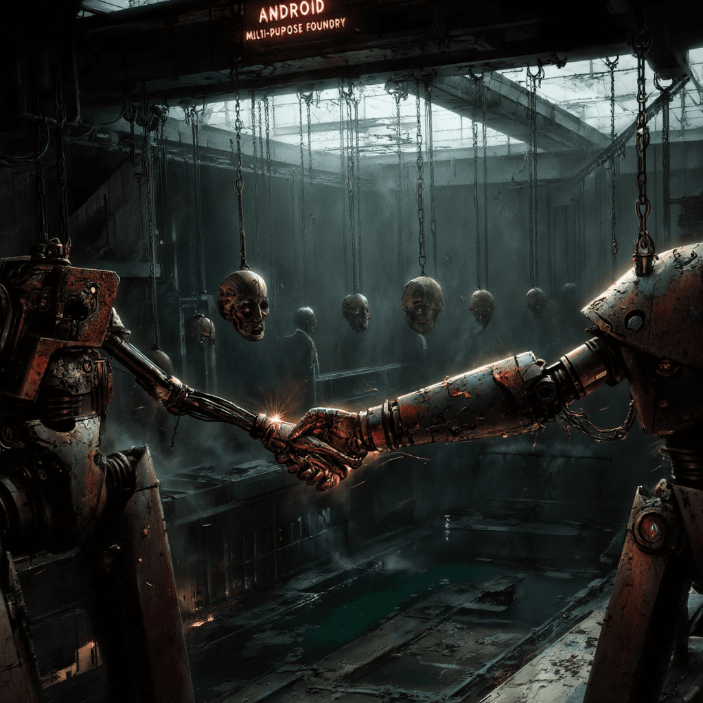 AI generated:  A dark, decayed factory steeped in dampness and neglect. Rows of broken, lifeless androids hang fro...