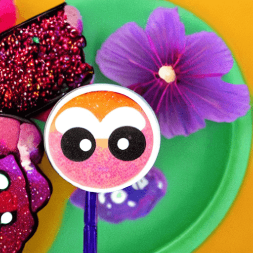 AI generated: cosmos of pascal colorful falling strip sweets mascot with sugar sprinkles and two large glassed eye...