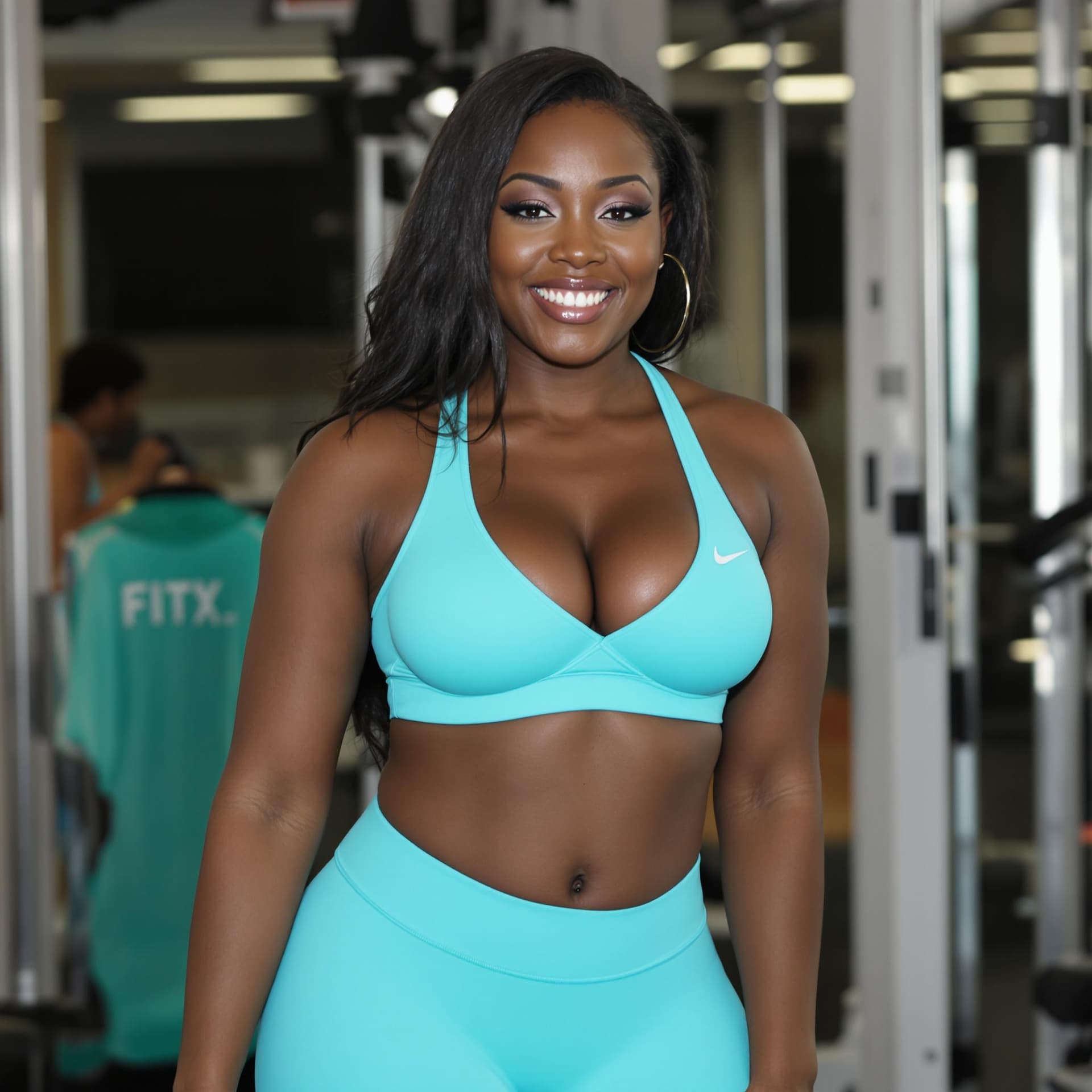 AI generated: attractive black woman with curvaceous body. She is wearing cyan leggings and a sports bra. The woma...