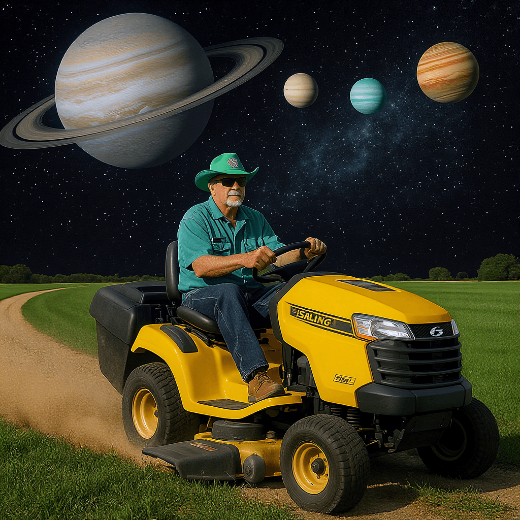 AI generated: Riding lawnmower being driven by  Walter Brennan with the solar system as the background

