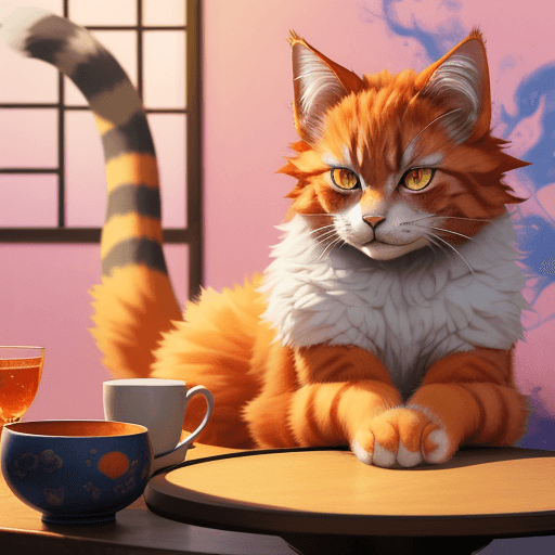 AI generated: furry art, uploaded on e621, furry, feral, cat, at the table, blue top, japanese background, voluptu...