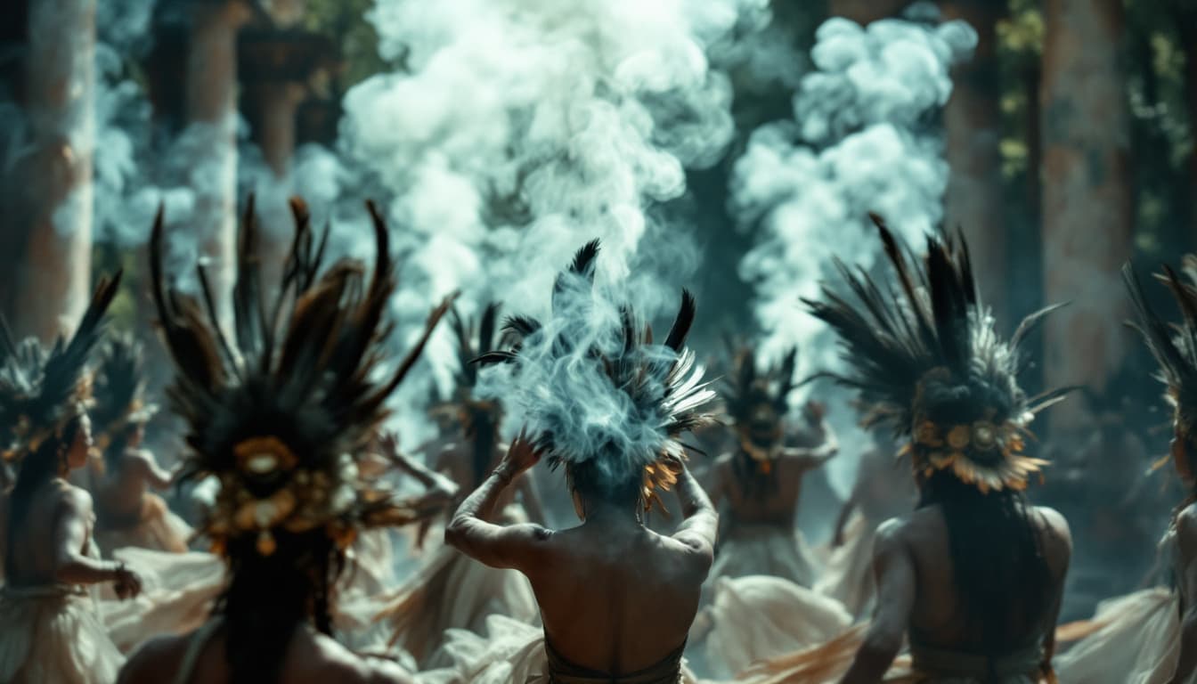 AI generated: Medium Shot (Moderate Depth of Field)
Focus on a group of dancers in motion, their feathered headdre...