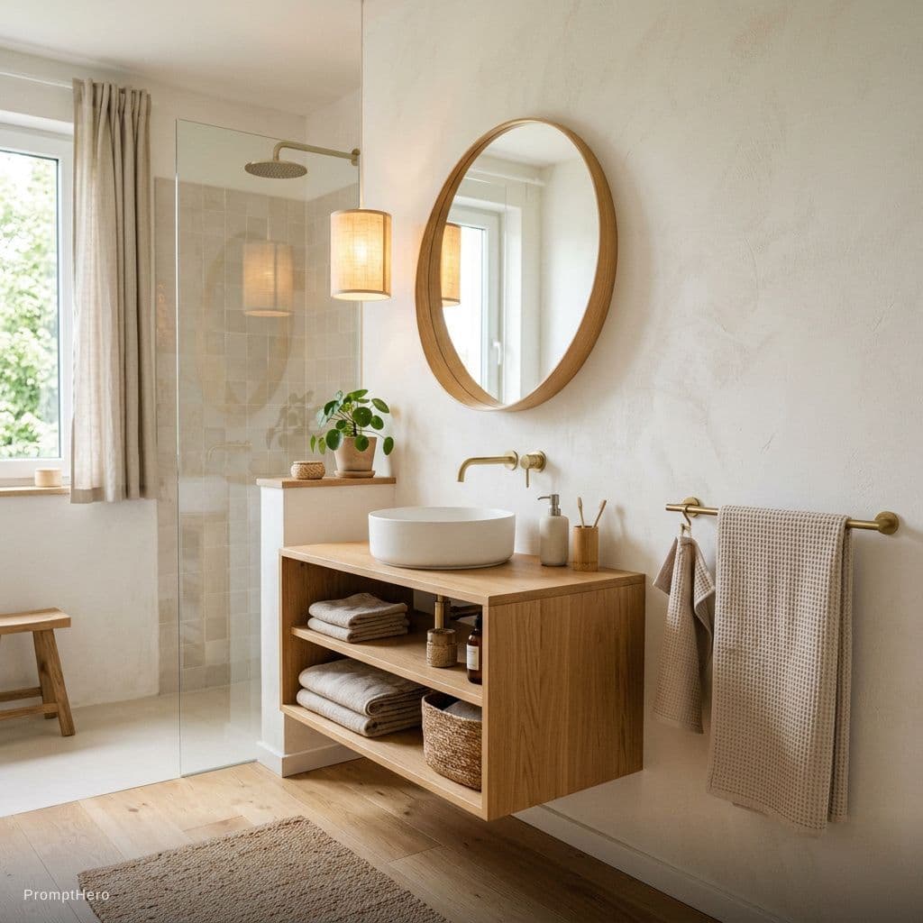 AI generated: create a bathroom cosy japandi for a new appartement 14 square meter with a sink, a vanity unit, and...