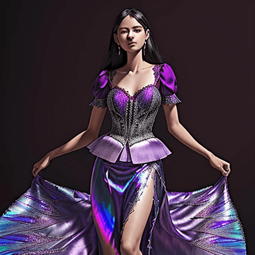 AI generated: Imagine a flowing skirt made of iridescent silk, gradating from deep purple to rich red. The bodice ...