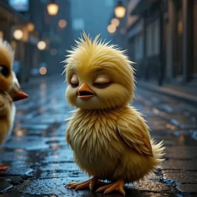 AI generated video: Close-up of a tiny wet yellow chick with feathers soaked and clinging to its fragile body, huge sad ...