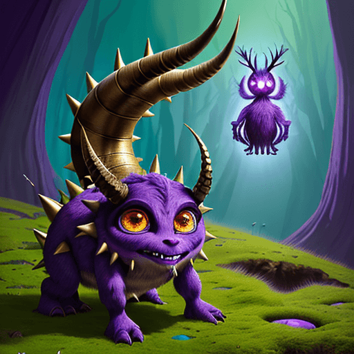 AI generated:  cartoon of a colorful creature, big eyes and big teeth, big horns, light bronze and purple schema, ...