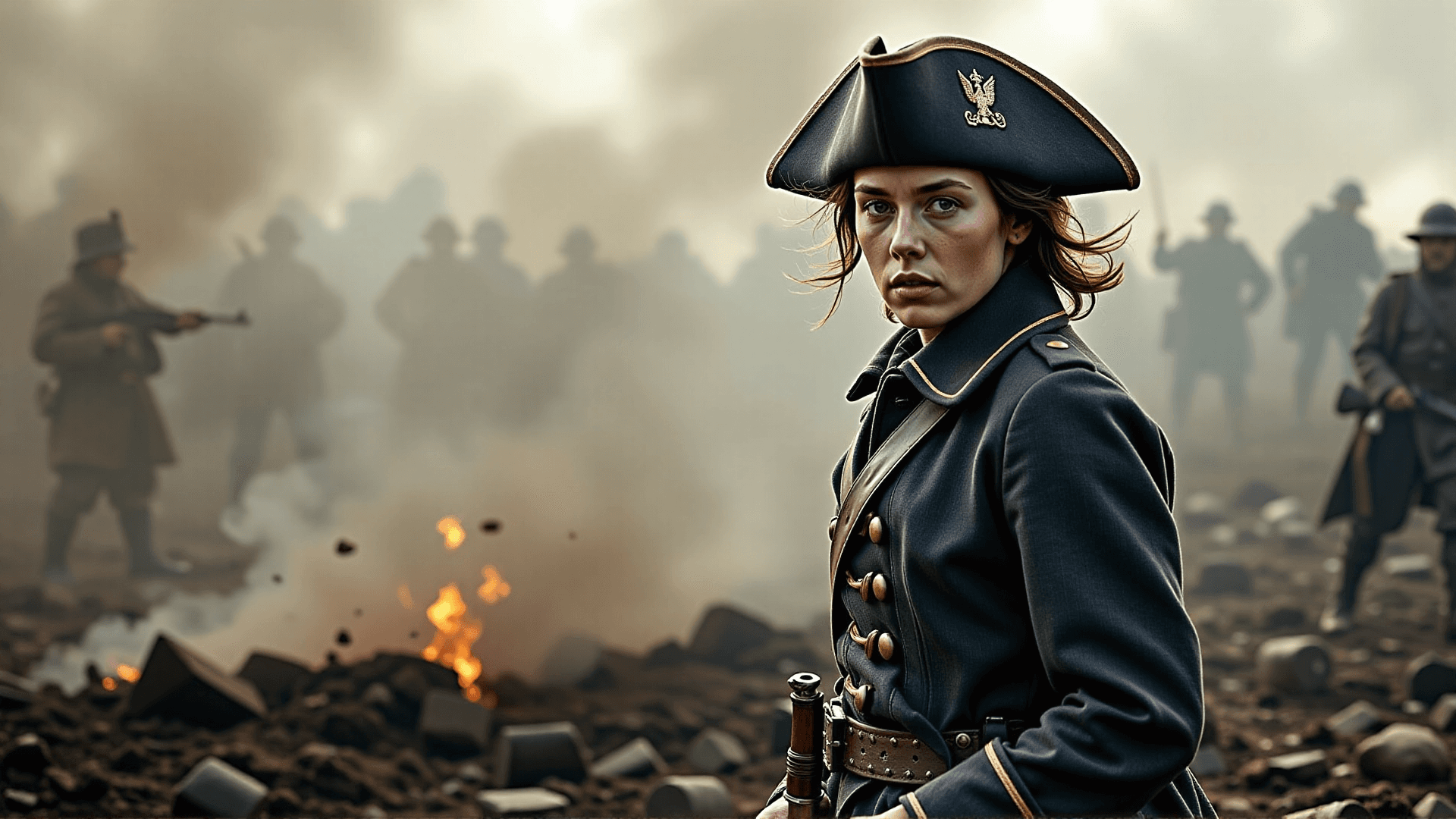 AI generated: A dynamic full-body image of Mary Read, standing in her soldier's uniform in the front line of a bat...