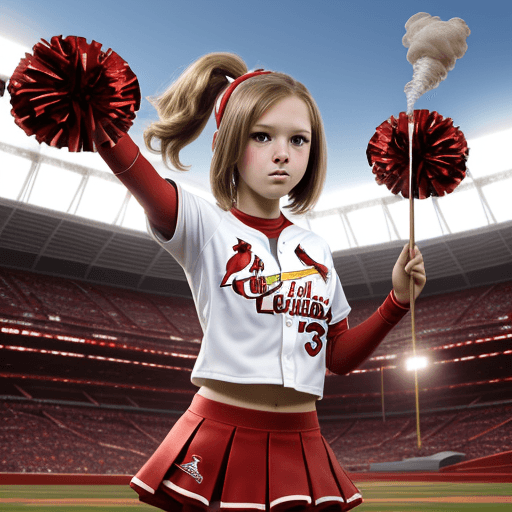 AI generated: St. Louis Cardinals 13-14 year old robot cheerleader, malfunctioning, smoke coming out of her