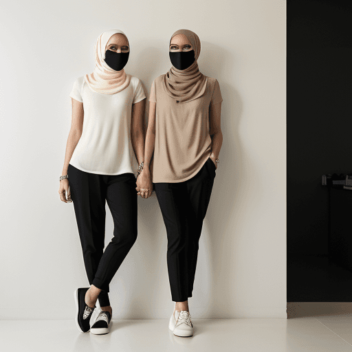 AI generated: Two people, one wearing a black shirt, with brown and cream pants facing forward and wearing a white...