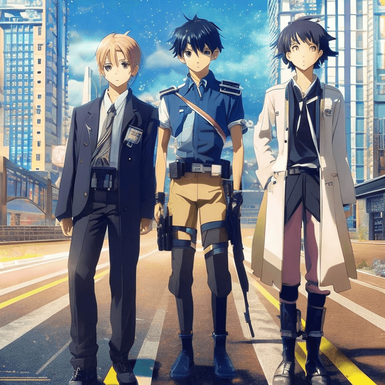 AI generated: {best quality}, two cool teens with their mature mentor of anime characters standing next to each ot...