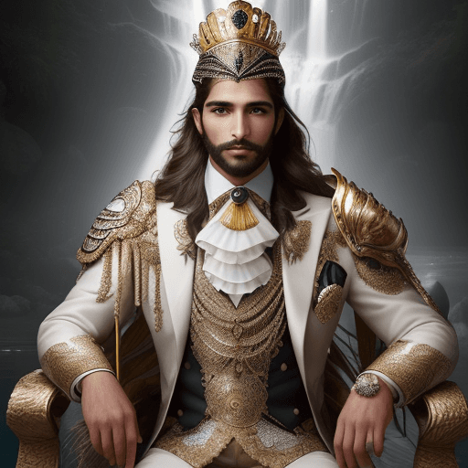 AI generated: 
Un hombre elegante y majestuoso, adornado con una armadura dorada de diseño intrincado que cae en s...