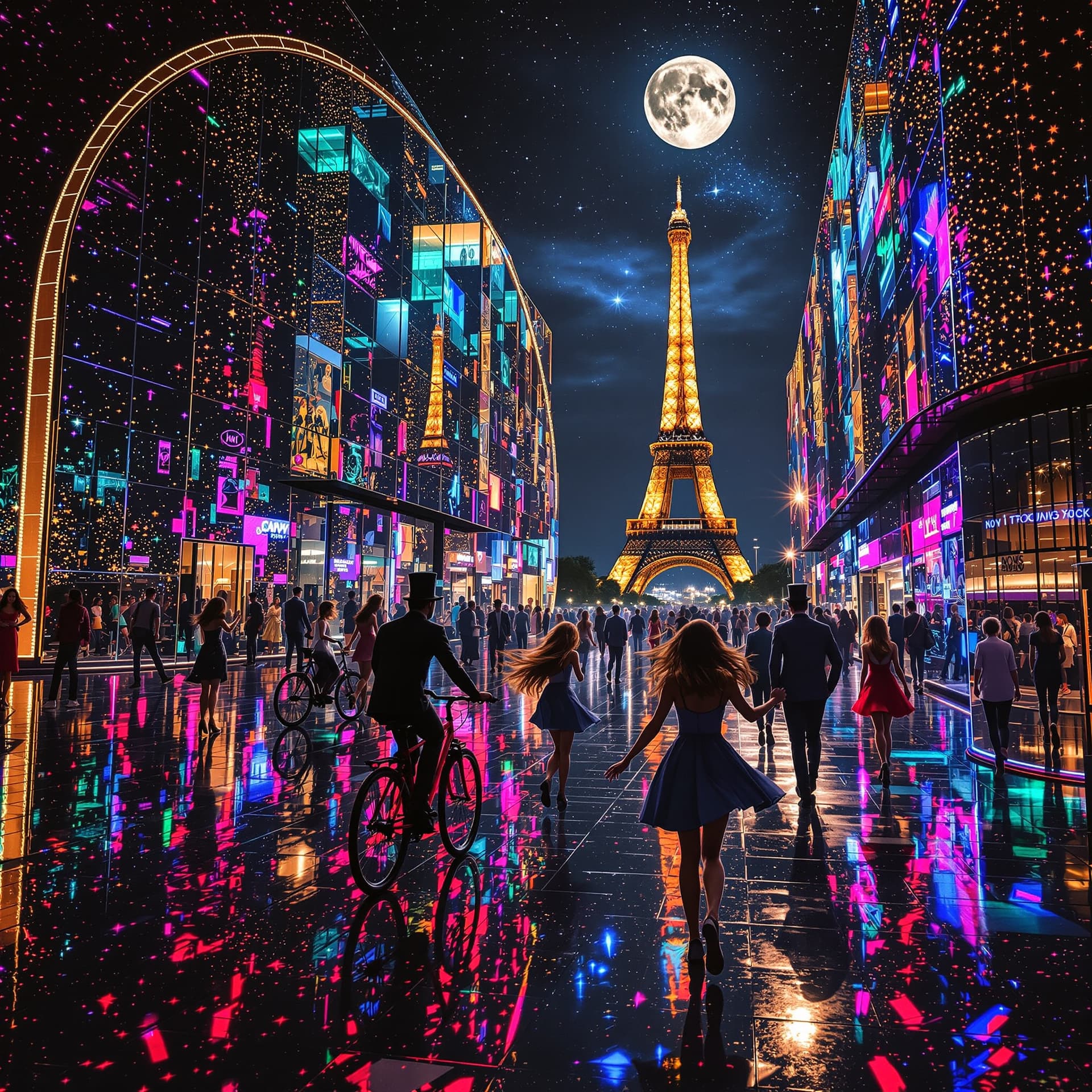 AI generated: Psychedelic, trippy. Surreal, reflective Paris, France, colorful lights bounce off massive mirror fa...
