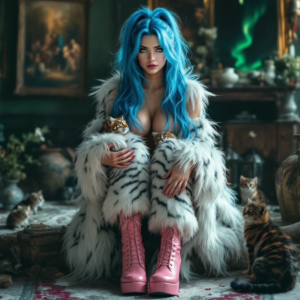 AI generated: full body open furry costume with feet, girl with kittens and ponytail, tiger eyes, extra long blue ...