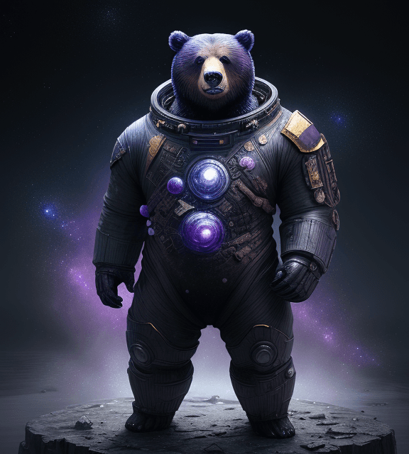 AI generated: the bear is dressed Thanos and standing in an outer space suit, in the style of brushwork exploratio...