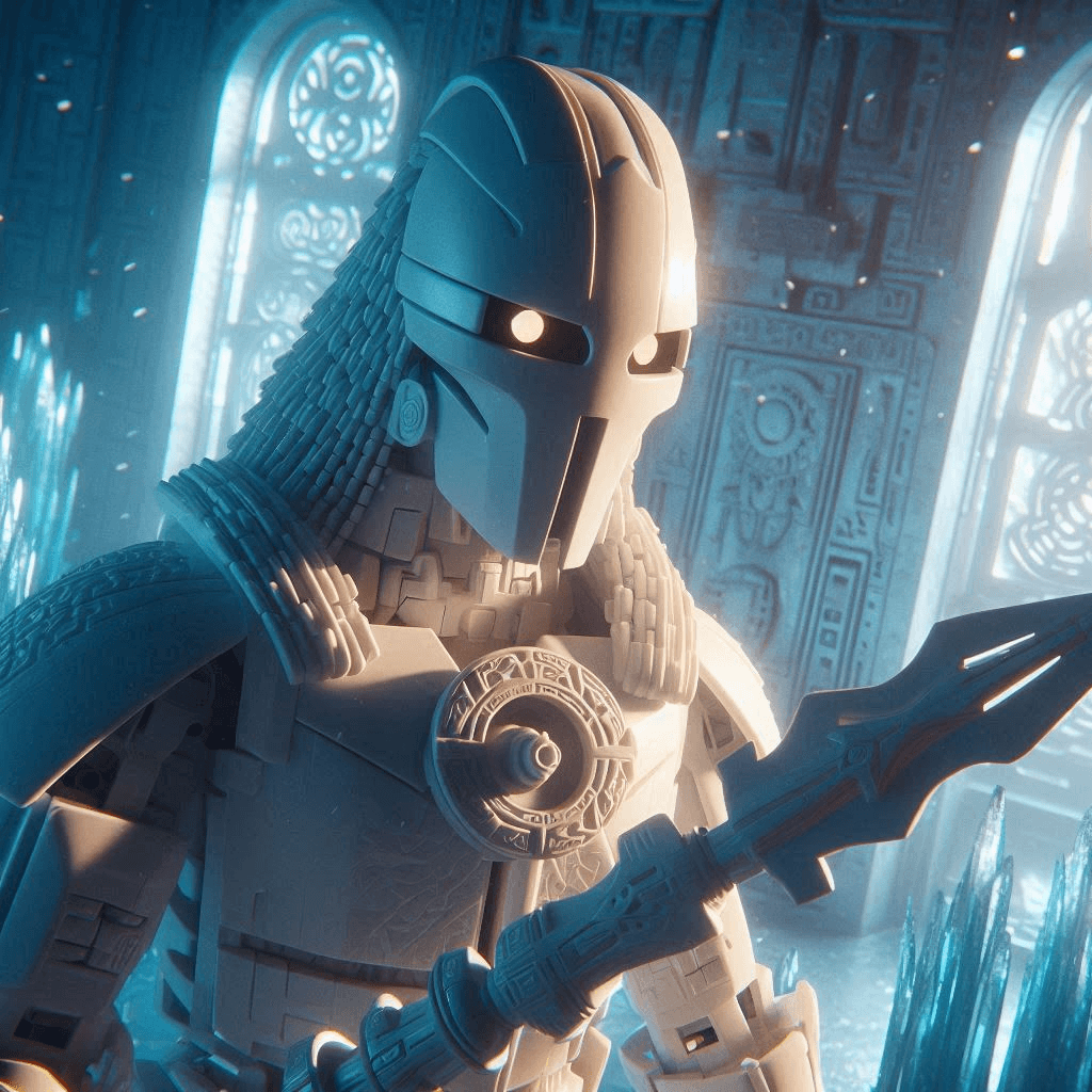 AI generated: Close-up Star Wars CGI rendering of a white Bionicle Toa of Ice robot with a mask and an ice sword i...