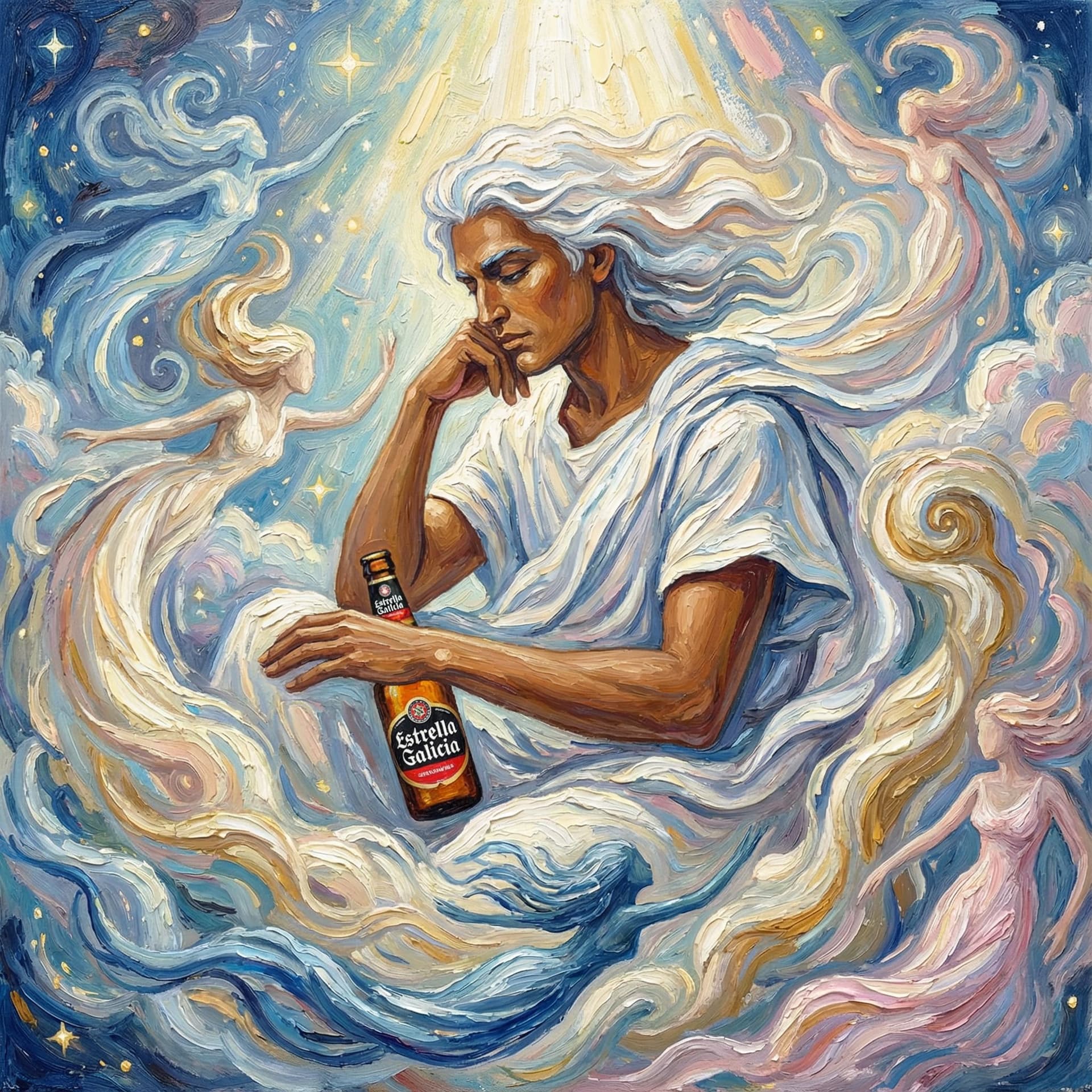 AI generated: A mystical god with white hair and brown skin in a flowing white tunica made of impasto brushstrokes...
