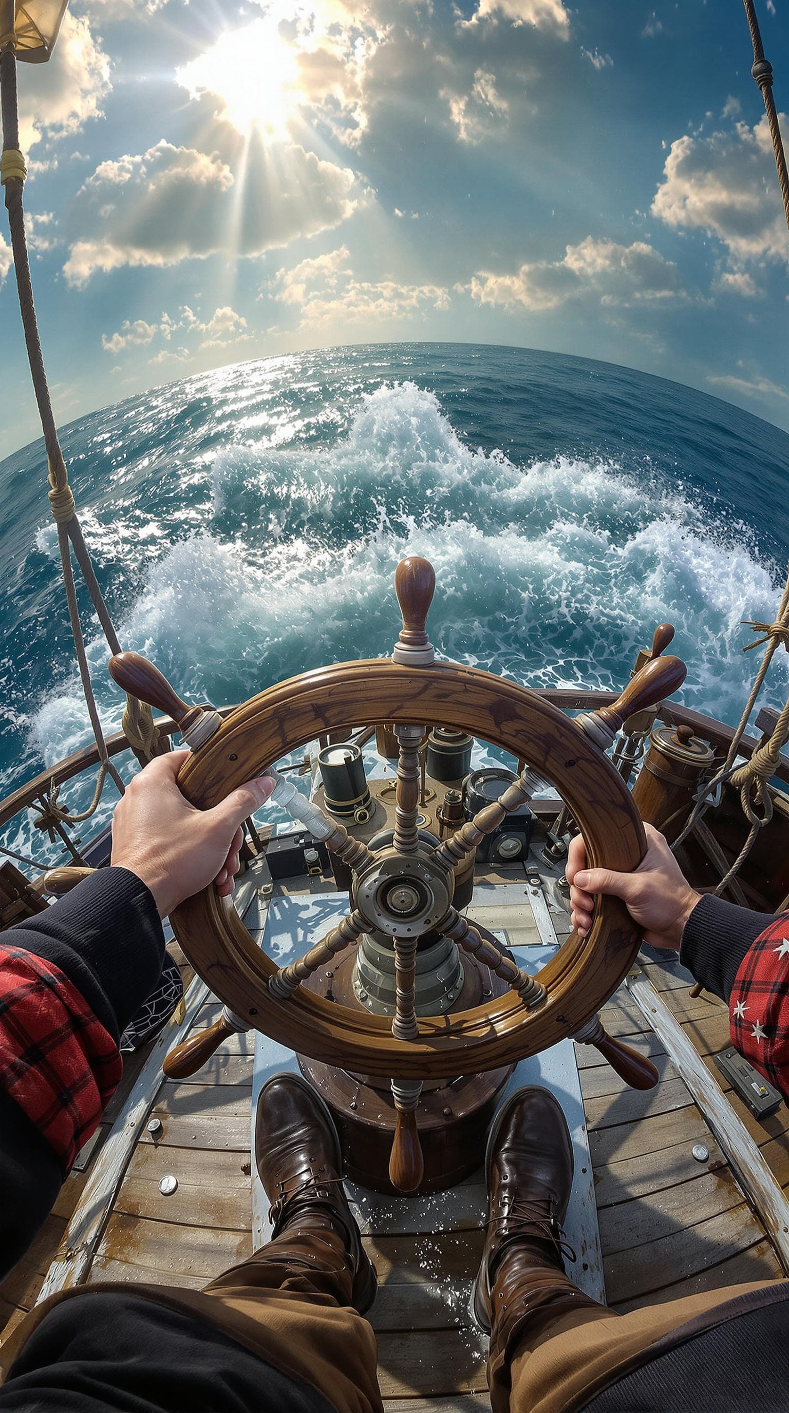 AI generated: first person POV, hands holding a pirate ship steering wheel with visible cracks in the wood, leathe...