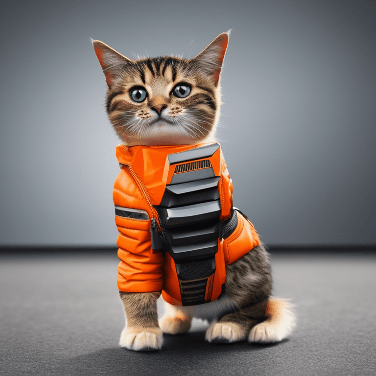 AI generated: MINI cute hyperrealistic futuristic soldier kitten wearing cyberpunk jacket. orange skin. Cinematic,...