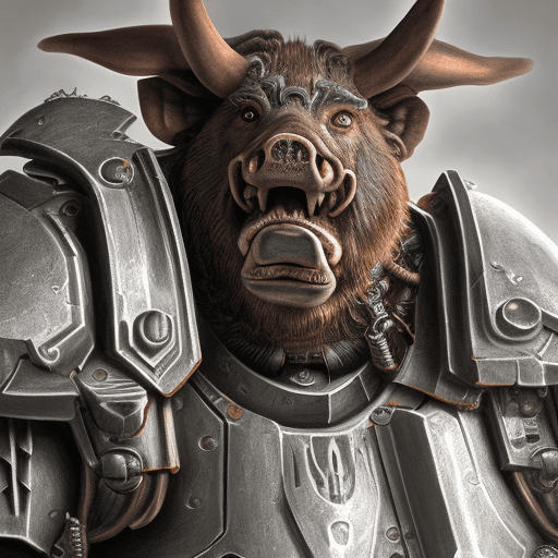 AI generated: A humanoid boar ultra realistic in a SPACE MARINE CAOS ARMOR, in a warhammer 40k terra city.