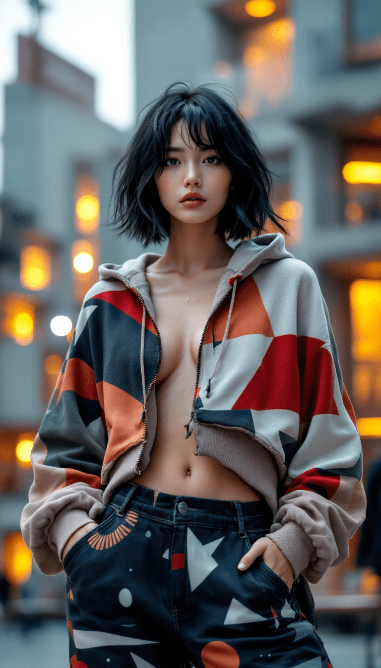 AI generated: High fashion photo of a slim, small breast, flat chest, abs, young asian female supermodel, with sho...
