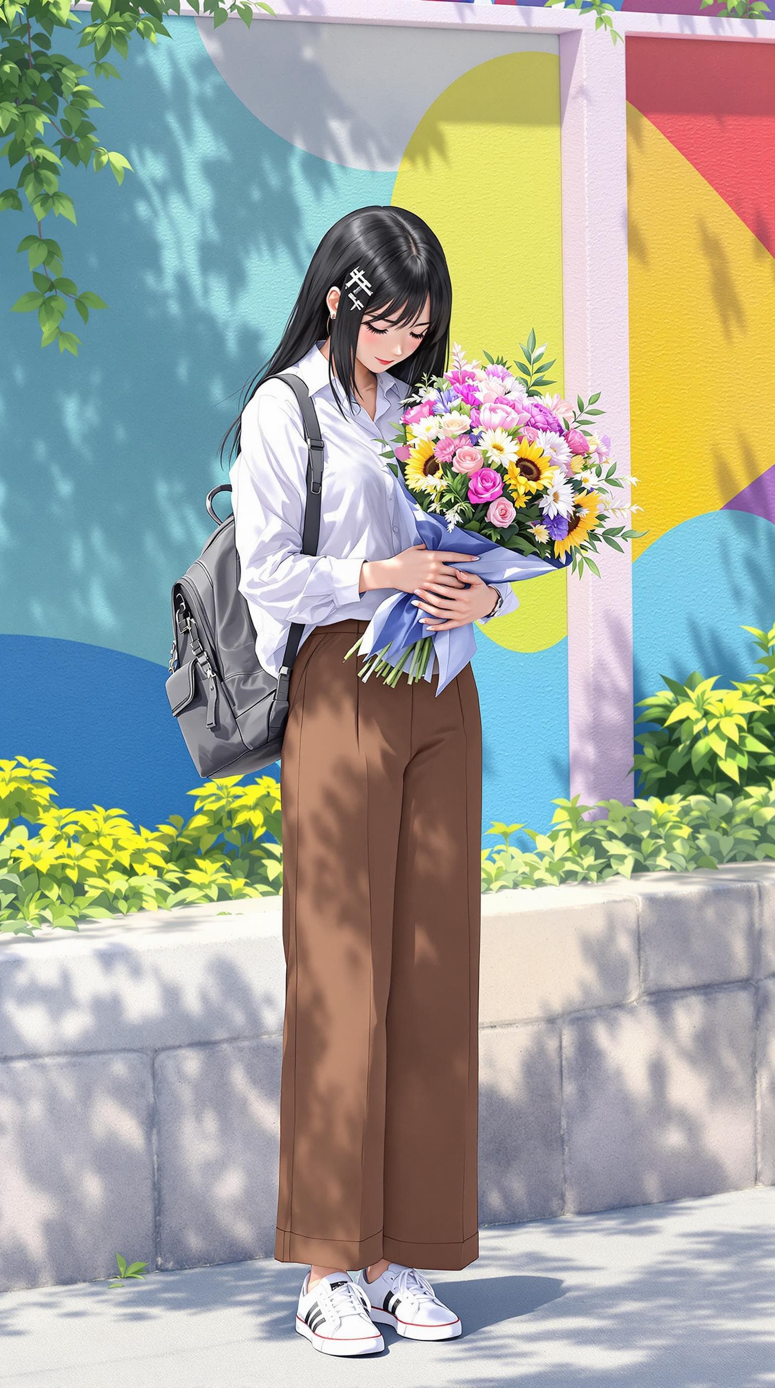 AI generated: In the image, ((full body:1.4)), anime realistic seen standing outdoors, Lowering the face to the to...