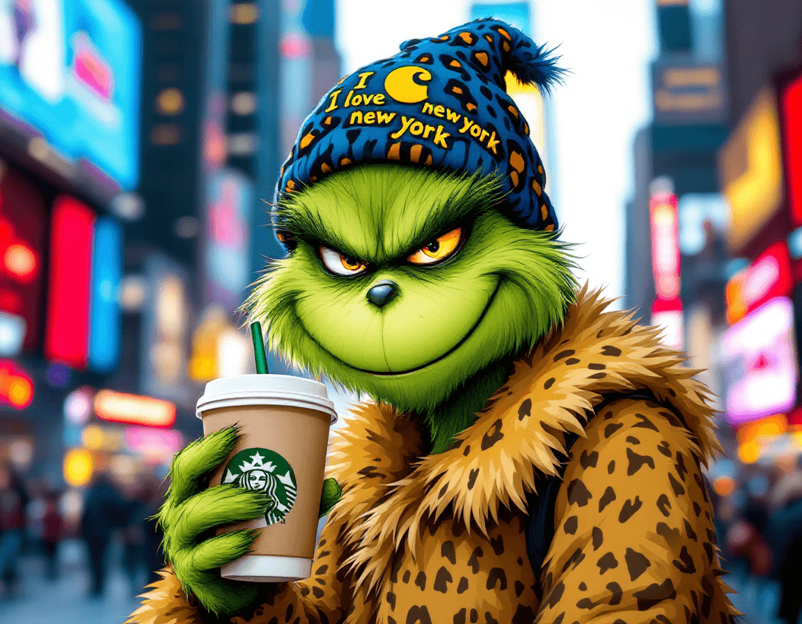 AI generated: 
The Grinch, depicted as a cartoon character, is holding a I love New York cup. He wears a blue, leo...