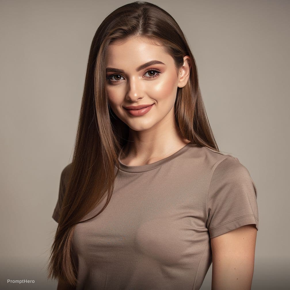 AI generated: high-resolution studio image, beautiful fashion model with long brown hair wearing a t-shirt, slight...