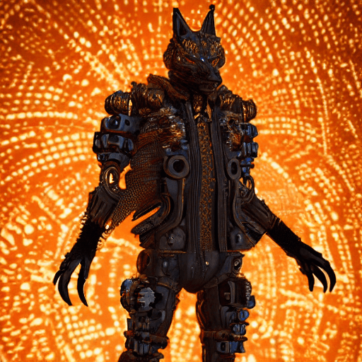 AI generated: octane render of cyberpunk wolf by Tsutomu nihei, chrome silk with intricate ornate weaved golden fi...