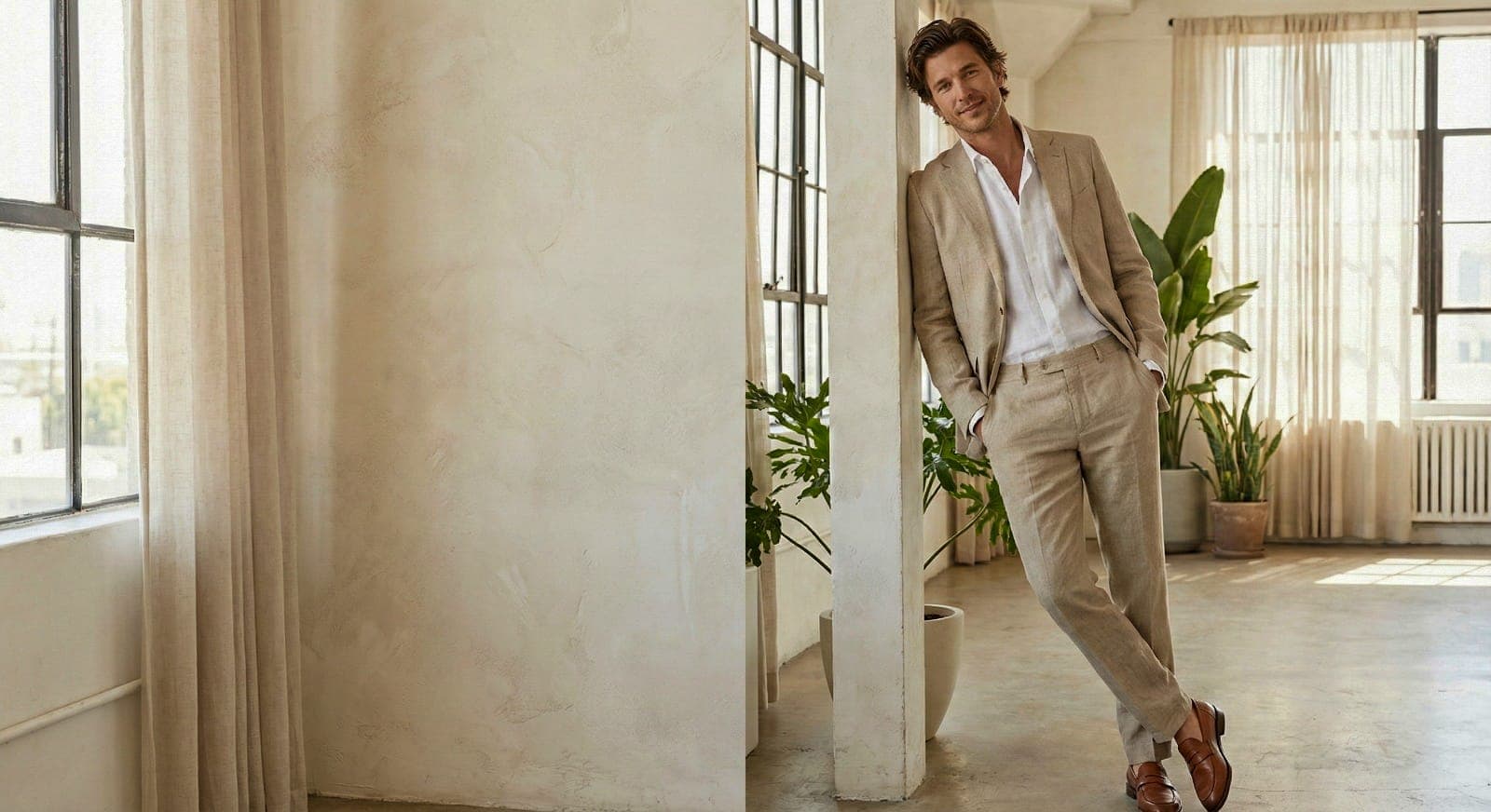 AI generated: Generate a contemporary fashion image of a male model dressed in a relaxed linen suit with an open c...