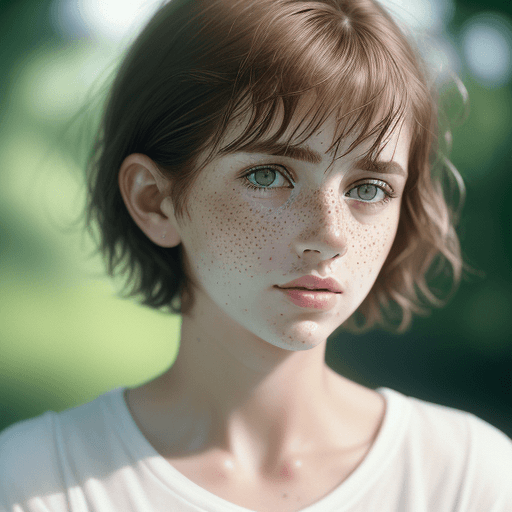 AI generated: Detailed and realistic portrait of a woman with freckles, round eyes and short messy hair shot outsi...