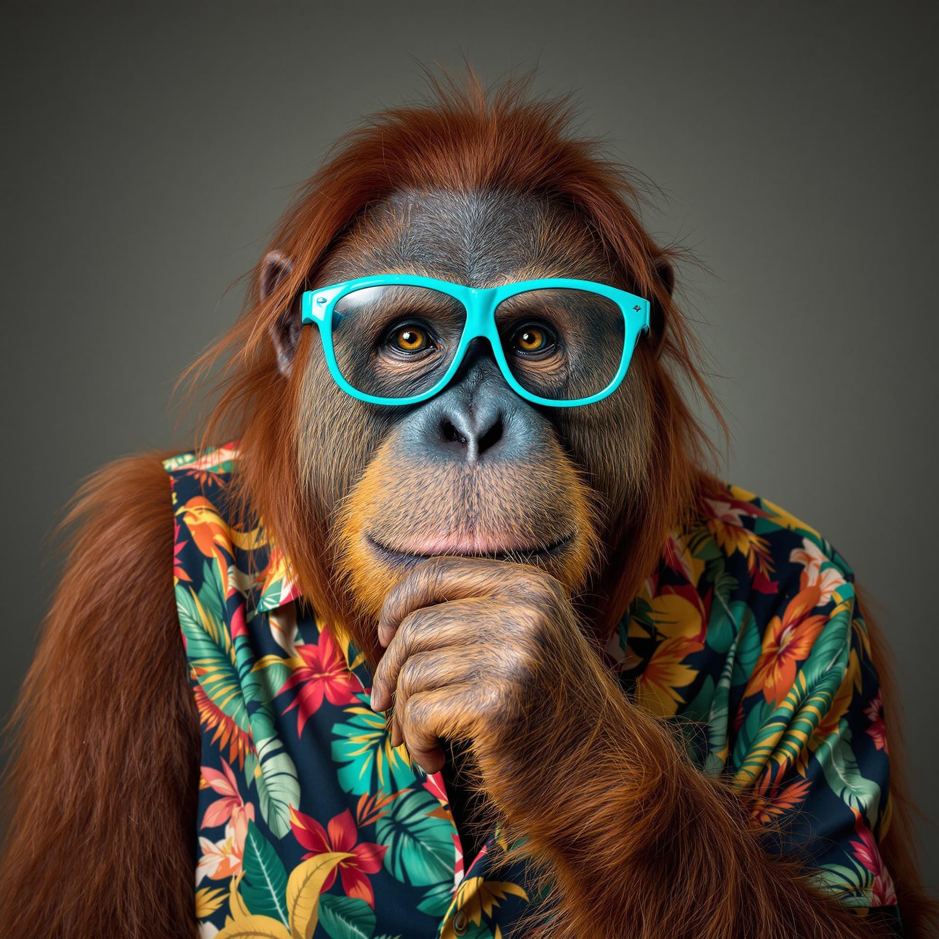 AI generated: The image features an orangutan donned in a colorful, tropical-print shirt and sporting a pair of tu...