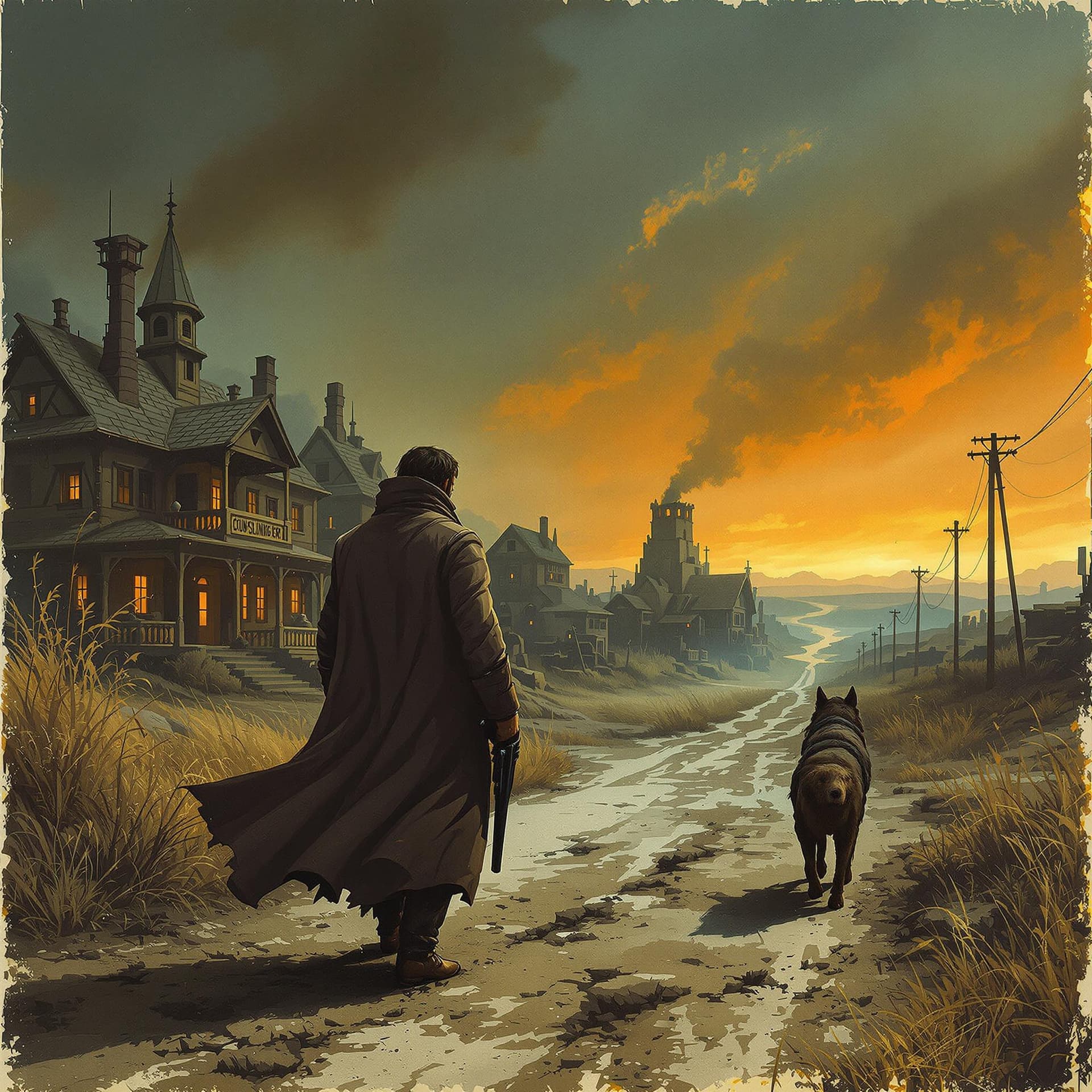 AI generated: Roland, the Gunslinger, approaching a dystopian town as in a Stephen King novel. His long coat is op...