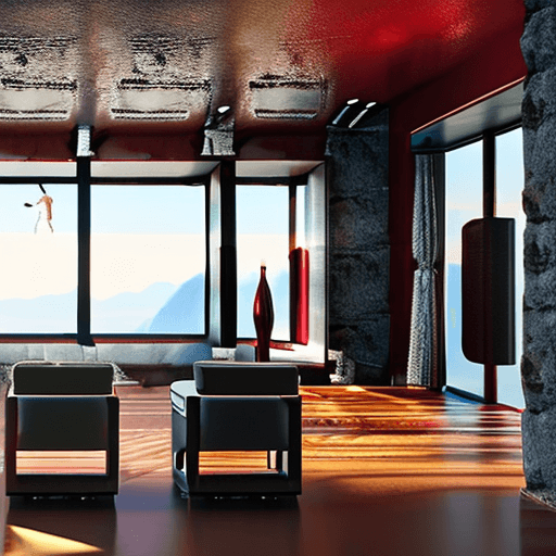 AI generated: interior living room with bar of super modern luxury house made of black rock, standing on dark red ...