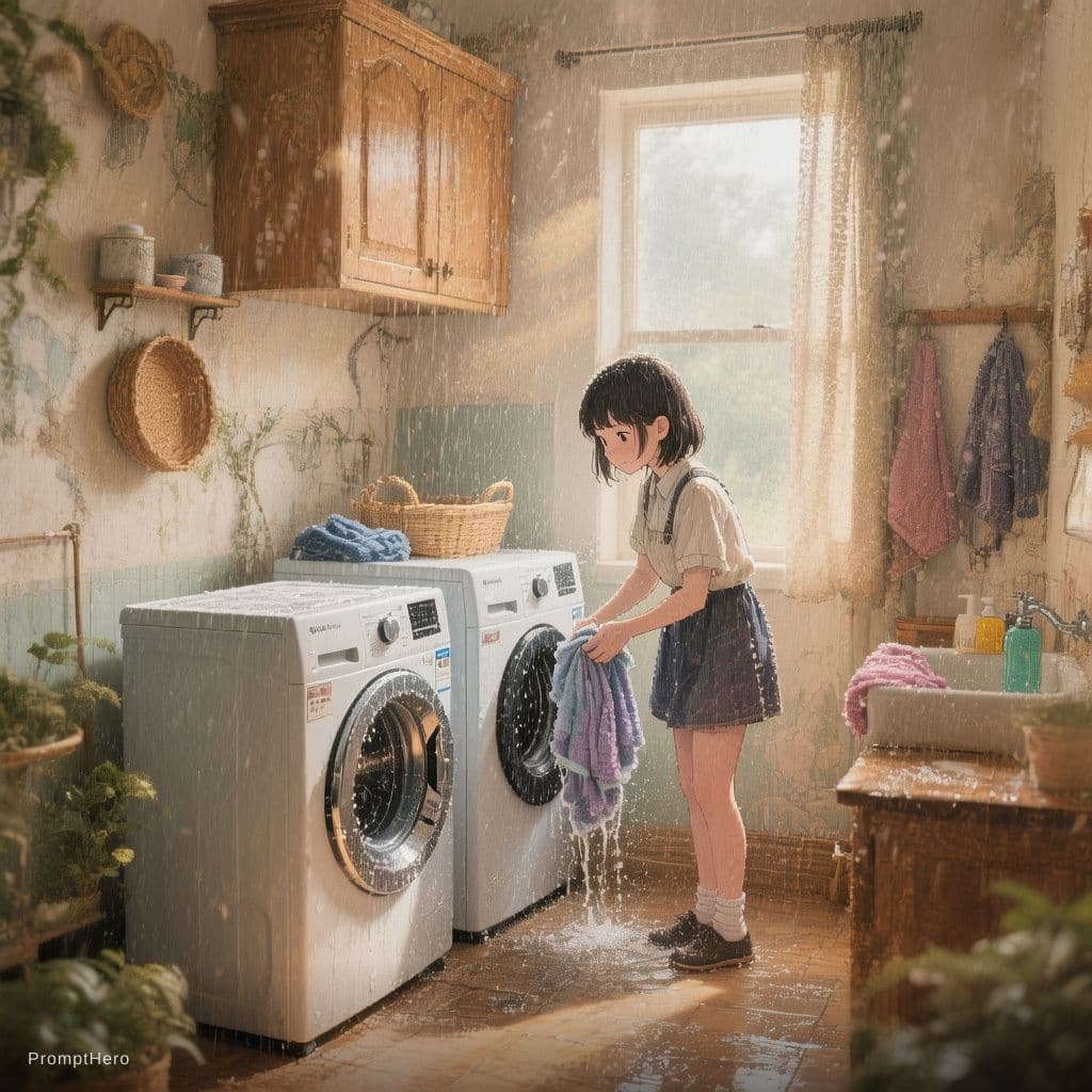 AI generated: Create one washroom where a washing machine and a girl are
 washing clothes in that washing machine 