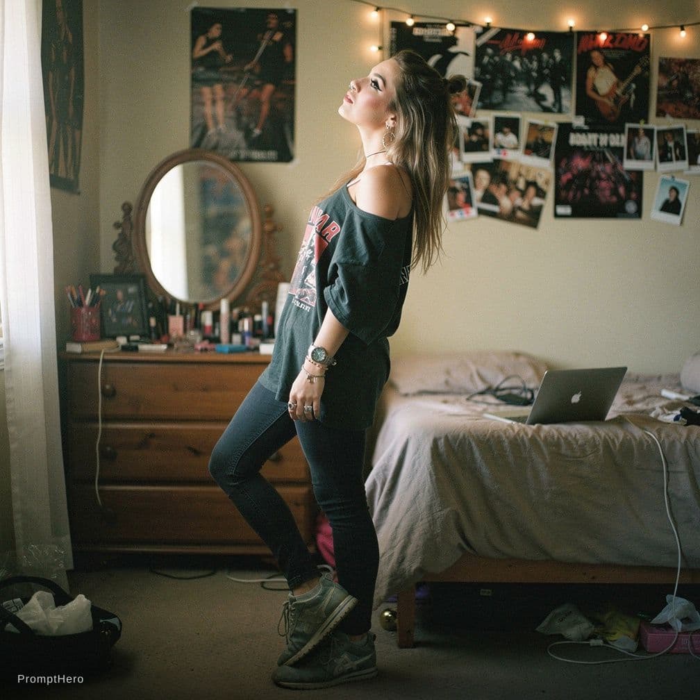 AI generated: raw tumblr side view photo what would go very viral in 2012 of a young woman in her room in an edgy ...