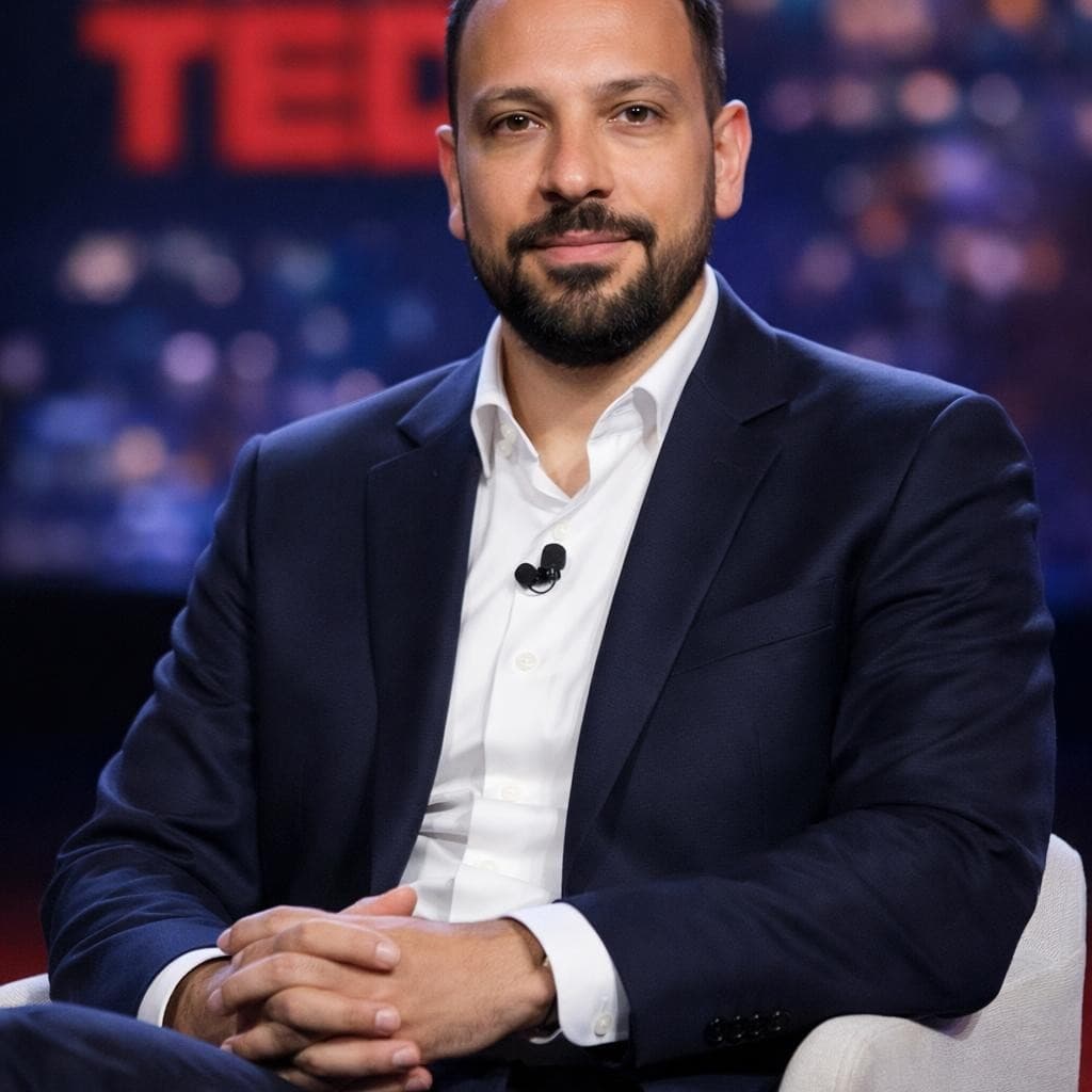 AI generated: artistic portrait photography of handsome guy as a Ted Talk speaker, confident, tanned skin, inspiri...