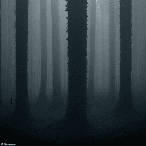 AI generated: a photo of An eerie forest overtaken by radiotrophic fungi,  towering fungi with dark,  covering the...