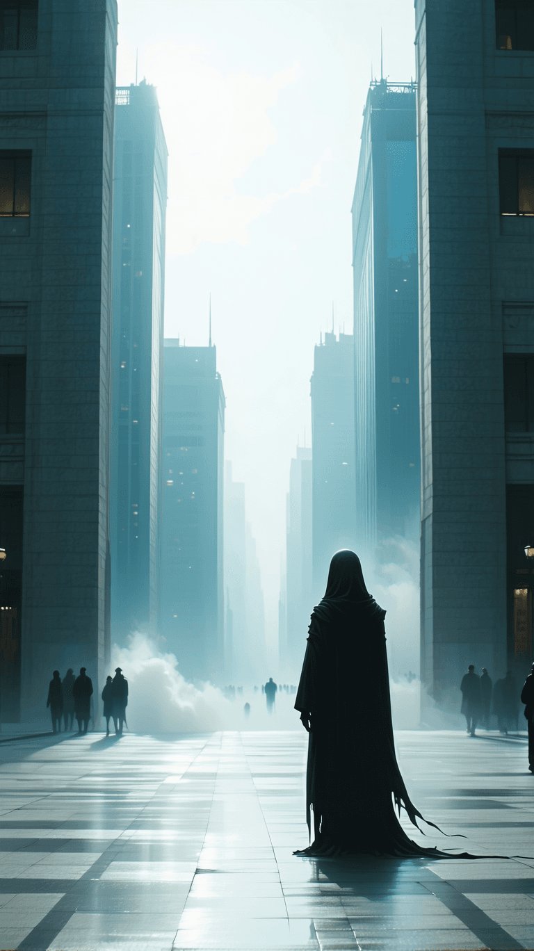 AI generated: still photo of anime ghost silhouette in the middle of an empty city bank,its back to the camera,sym...