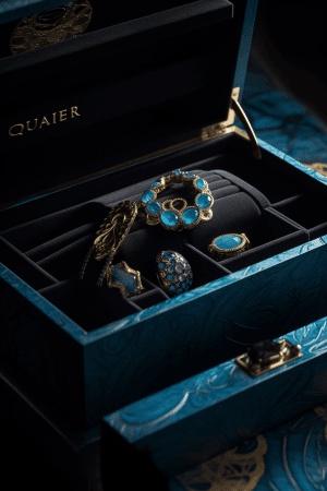 AI generated: Luxurious and opulent packaging. Quasar and 1980s Art design. Top-down shot of a jewelry box with an...