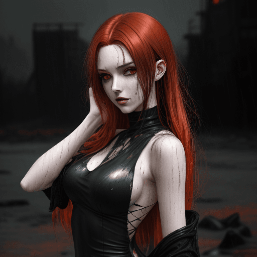 AI generated: photograph of dark red hair, black dress, silver hair, in the style of dark orange and dark emerald,...