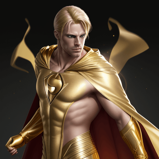 AI generated: male super hero named champion blond hair, no symbol, skin tight gold suit, gold cape, gold gloves, ...