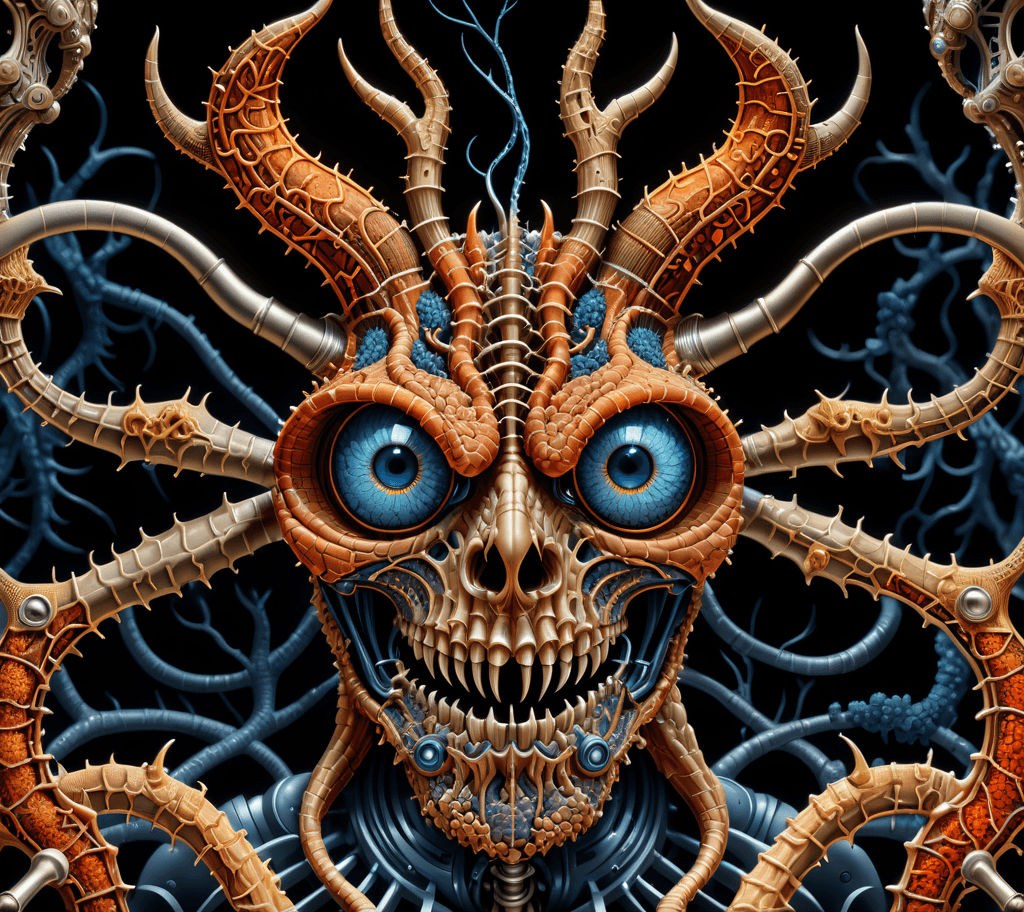 AI generated: Devil, highly detailed batik illustration of a microscopic surface, style of electron microscope, ne...