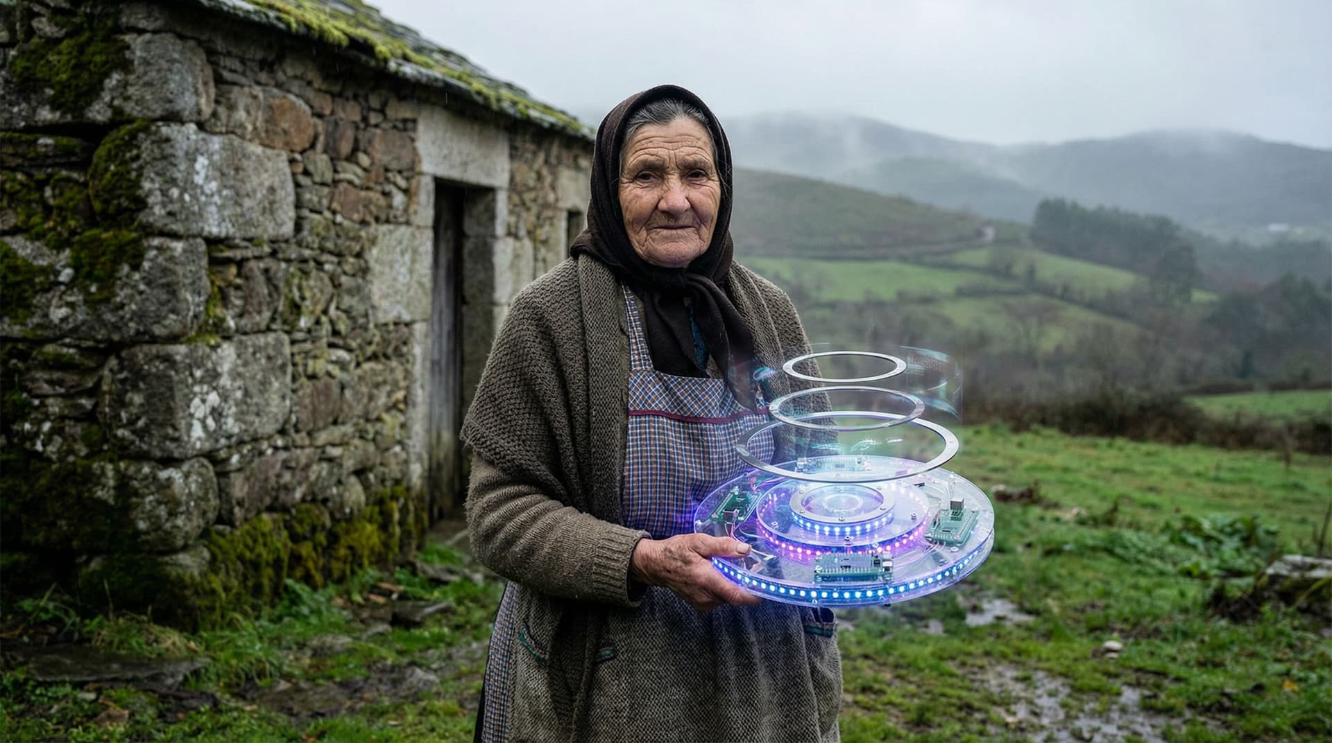 AI generated: old Galician woman in rural Galicia, wearing traditional clothing with an apron and headscarf, stand...