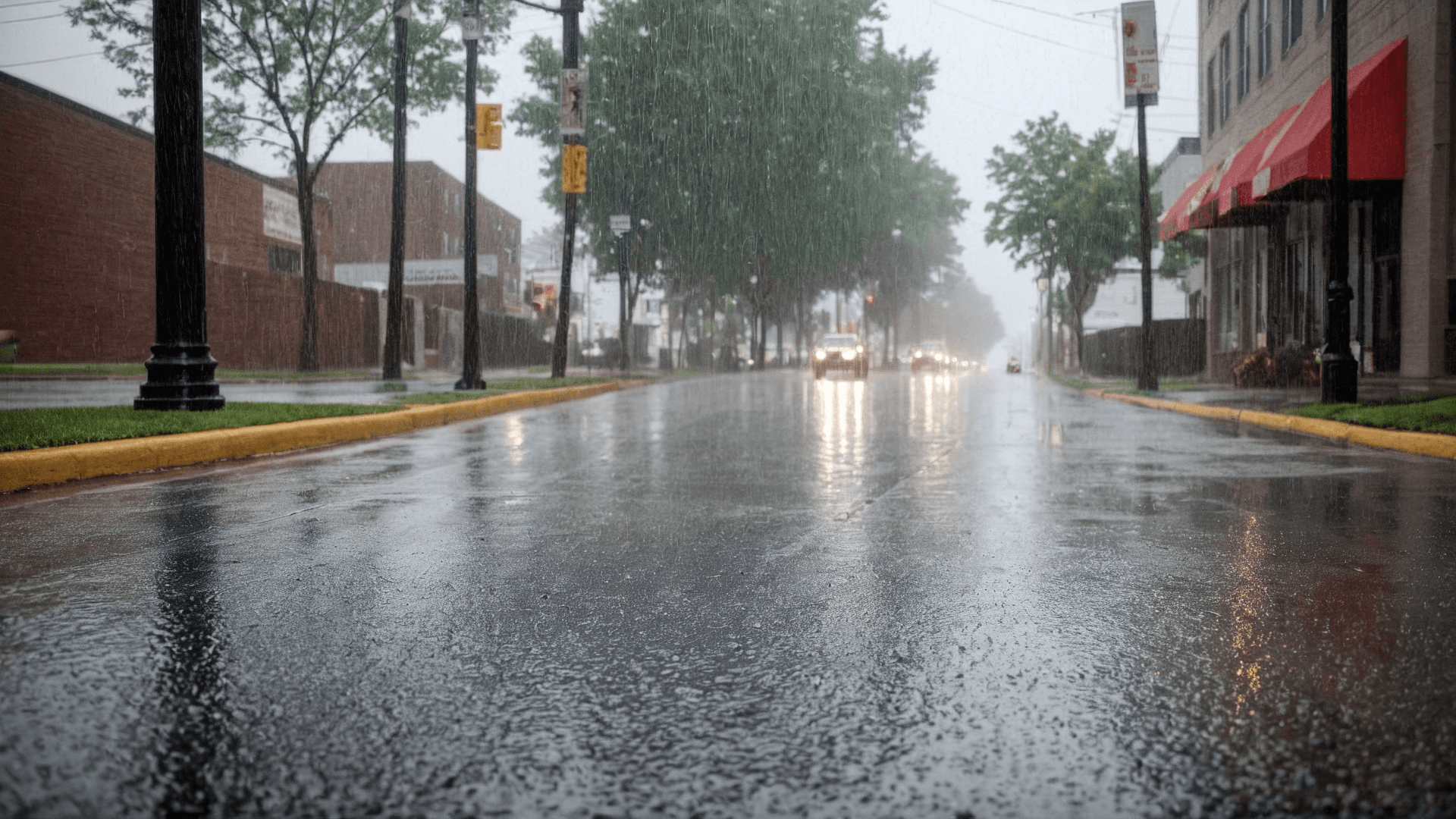 AI generated: Photo of a street taken from the sidewalk, rain
