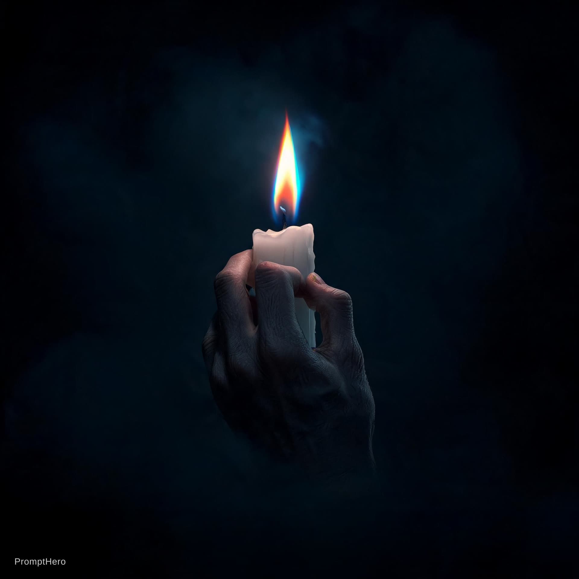 AI generated: 1.1 poster of hand appearing from the dark, holding a candle with flames coming from their hands|cen...