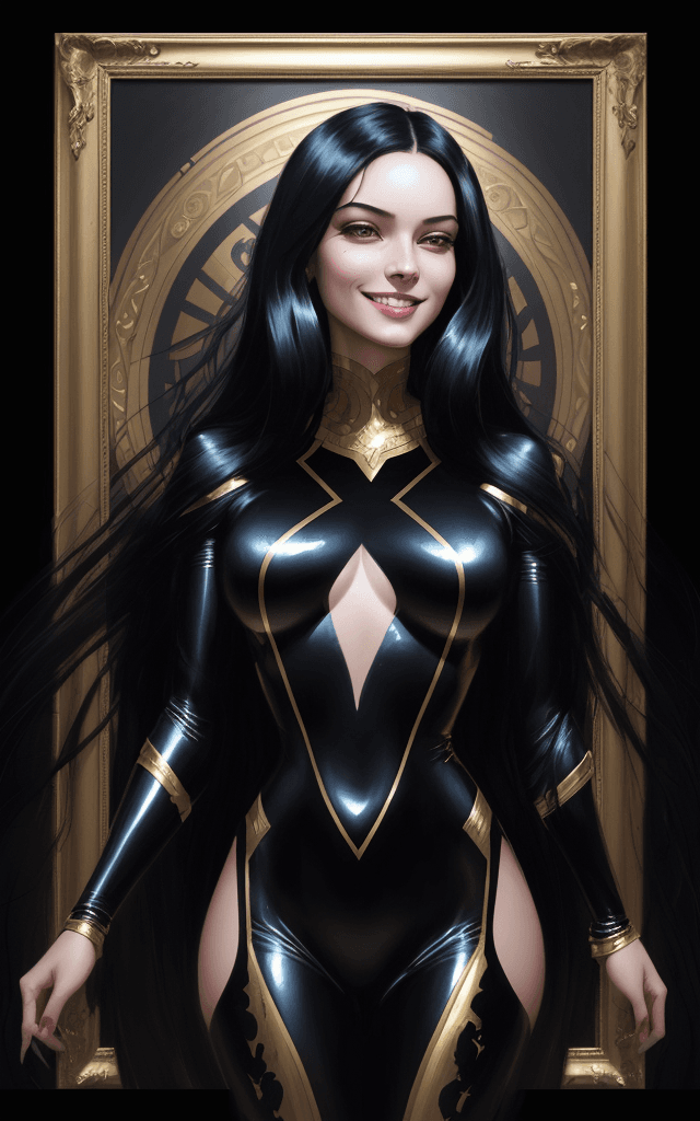 AI generated: a woman with long black hair in a gold painting, whole shot scene , looking at the camera with a wid...